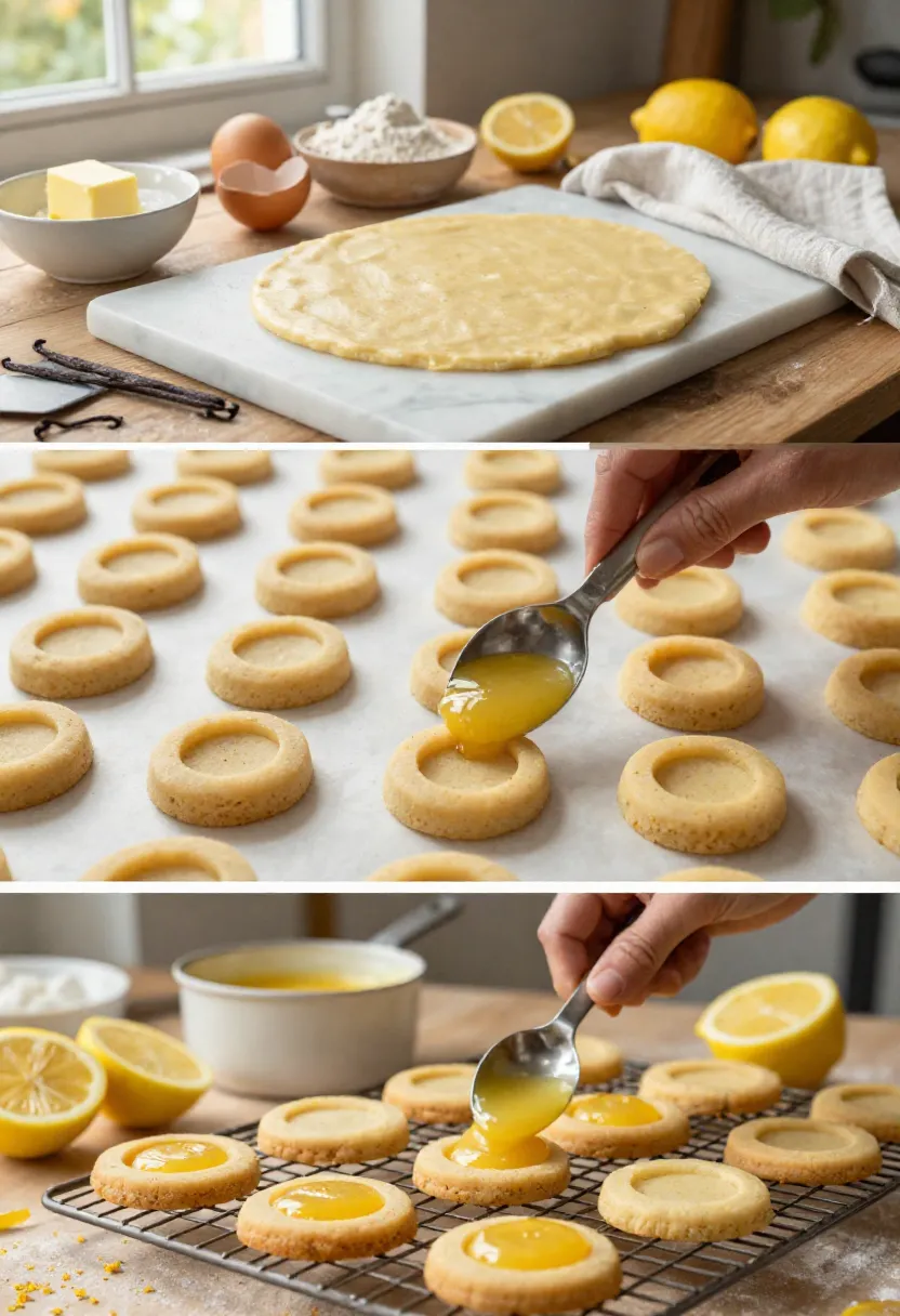 Collage of lemon thumbprint cookies being made: dough rolled on a board, lemon curd spooned into indented centers, and cookies cooling on a rack with lemons nearby.