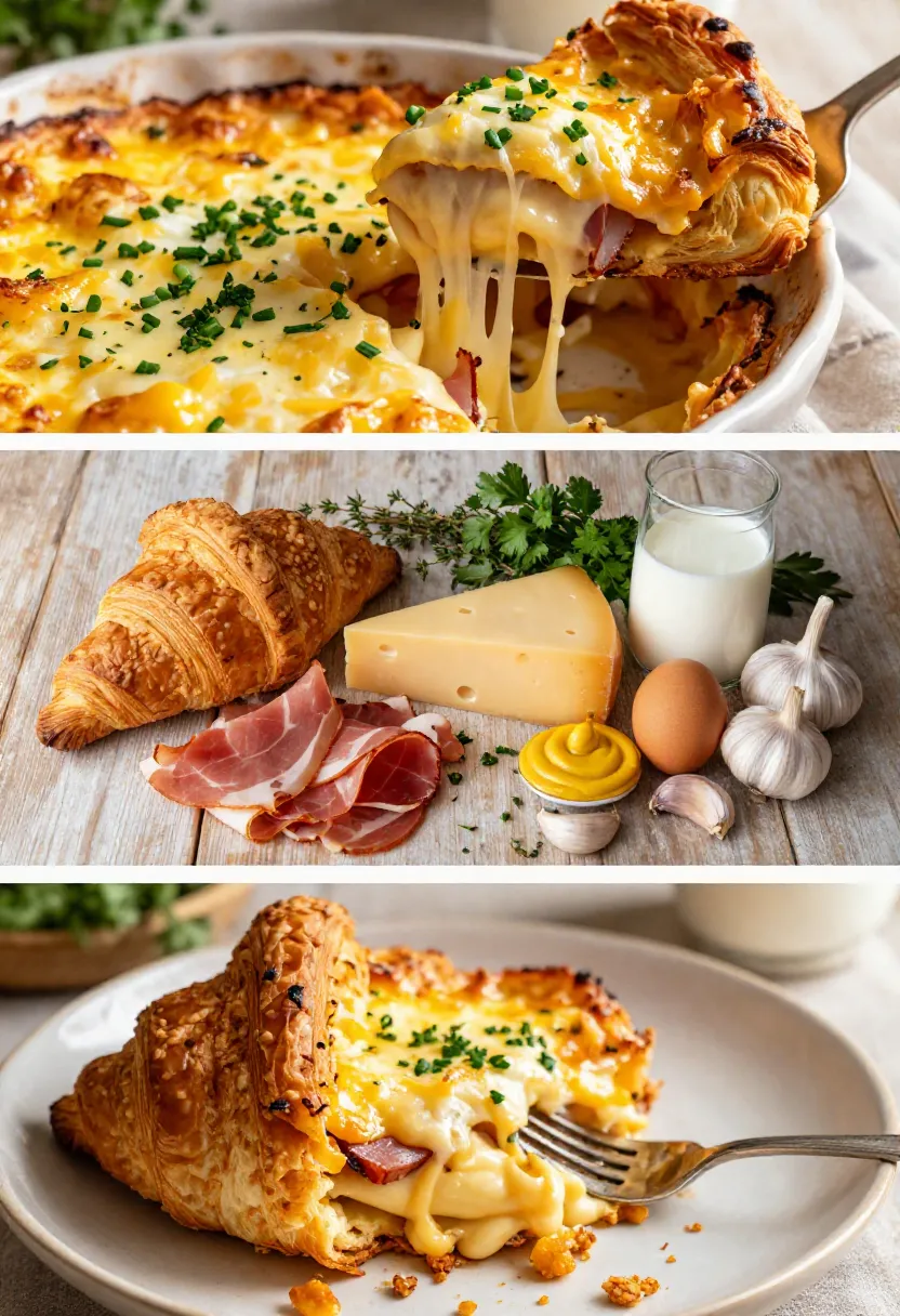 Vertical collage featuring flaky croissant layers, premium breakfast ingredients, and a cheesy ham breakfast bake with a creamy custard interior.
