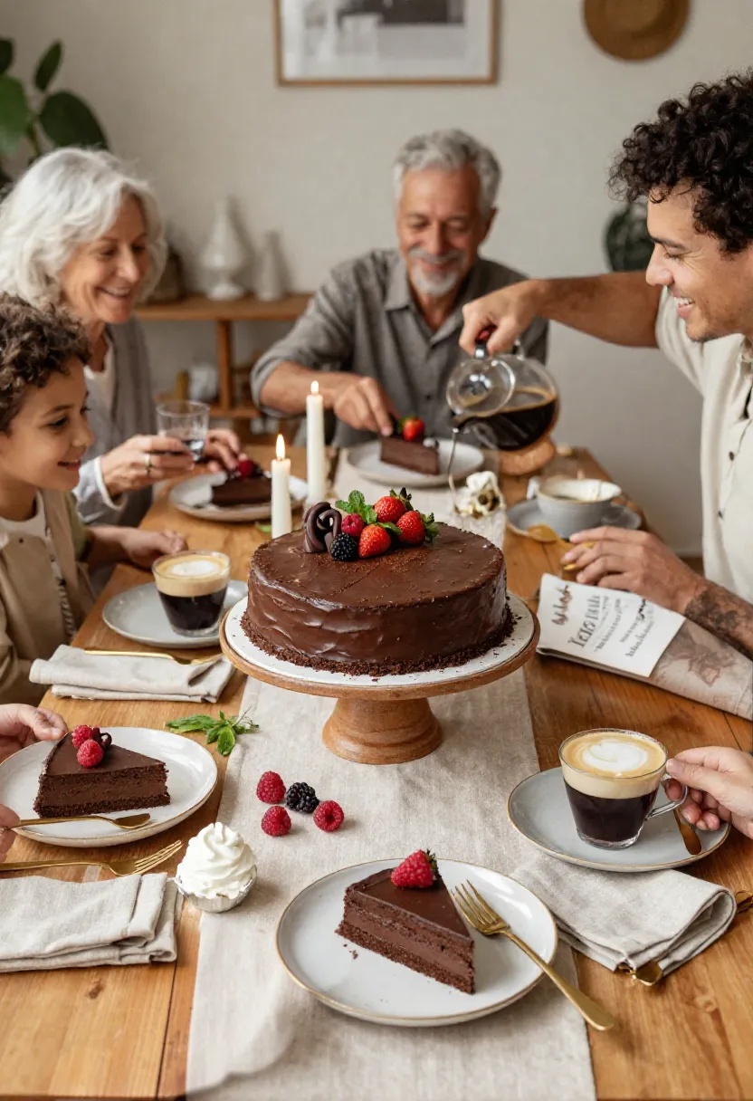 Family and friends enjoying no-bake chocolate cake together around a beautifully decorated dessert table.