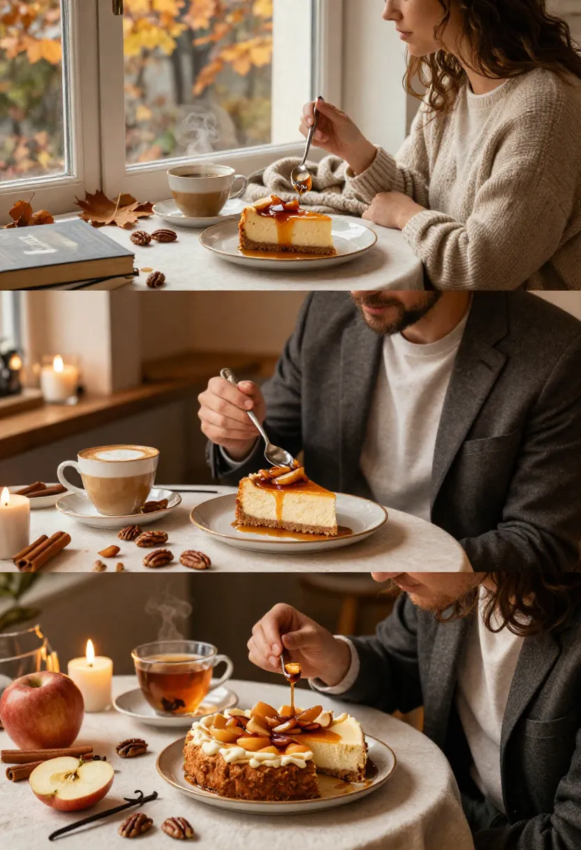 People individually enjoying apple cinnamon cheesecake with warm brandy sauce in cozy autumn settings.