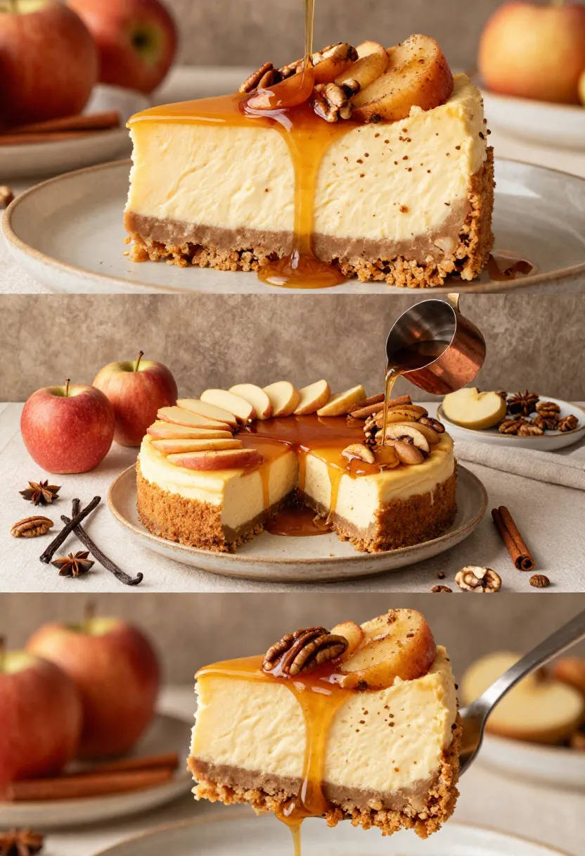 Layered apple cinnamon cheesecake with buttery crust, creamy filling, and glossy brandy sauce.