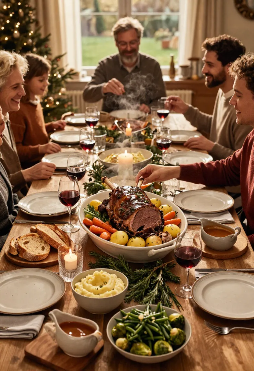 Family gathered around a beautifully set table enjoying Slow Cooker Roast Lamb with winter vegetables and rich herb gravy.