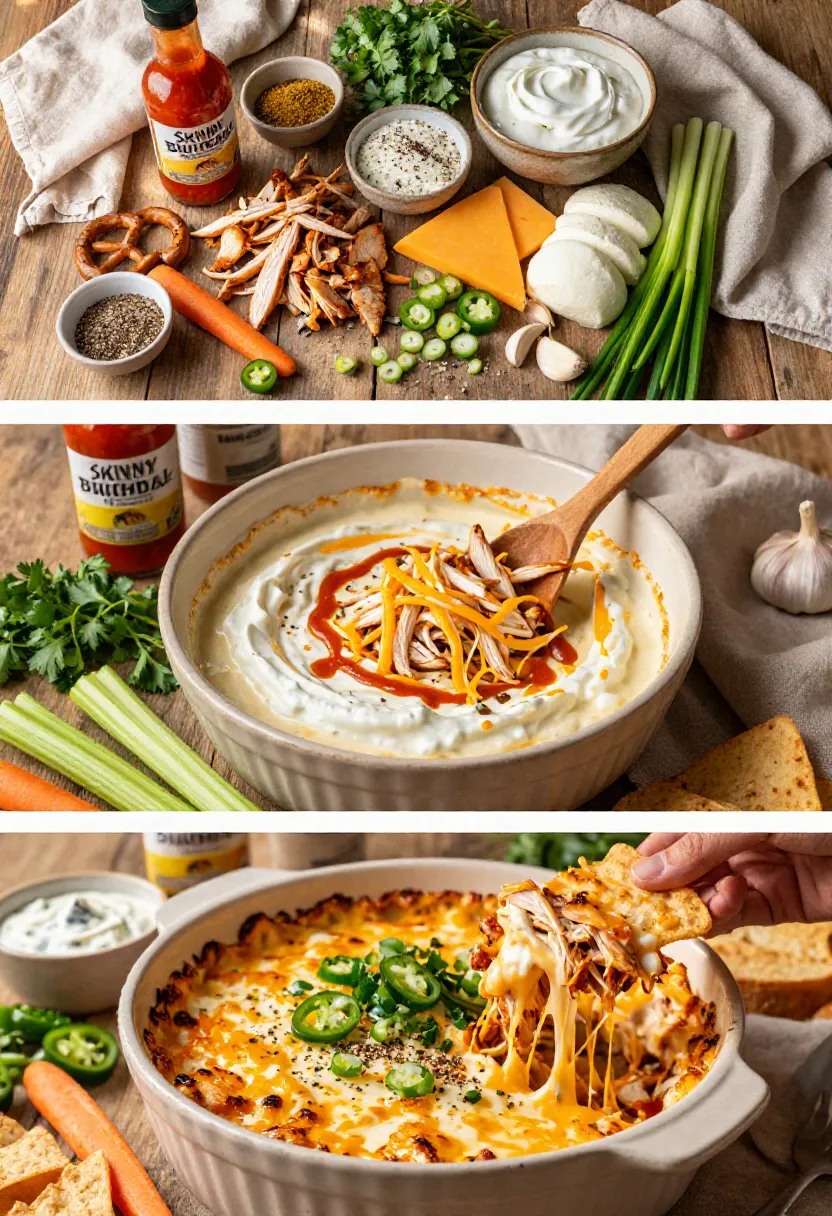 Top panel shows ingredients for a cheesy dip: celery, cheddar, sour cream, shredded chicken, jalapeños, herbs, spices, and a hot sauce bottle on a wooden table.”