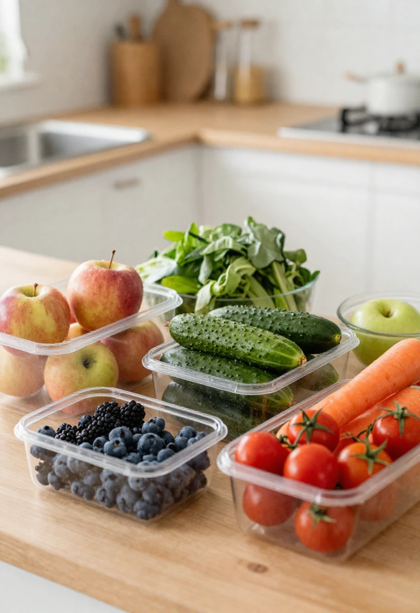 Assorted fresh produce in clear containers on a kitchen counter, including cucumbers, blueberries, tomatoes, carrots, apples, and greens.