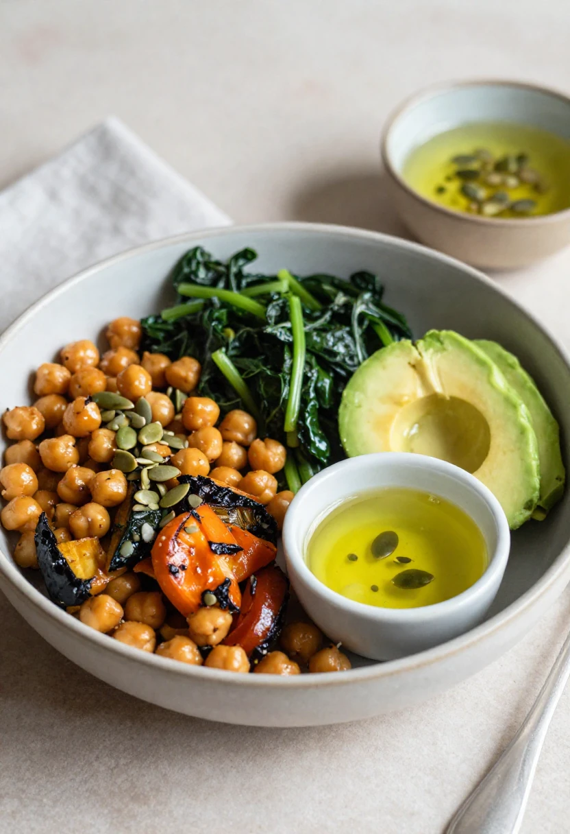 Healthy lunch bowl with roasted vegetables, chickpeas, avocado, pumpkin seeds, and olive oil dressing.