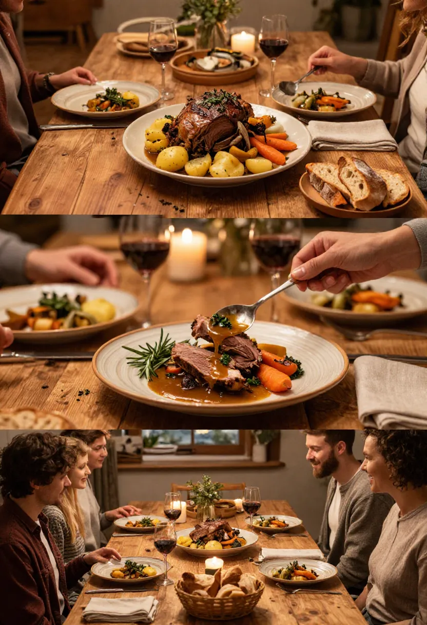 Family-style Slow Cooker Roast Lamb served with winter vegetables and herb gravy on a beautifully shared dinner table.