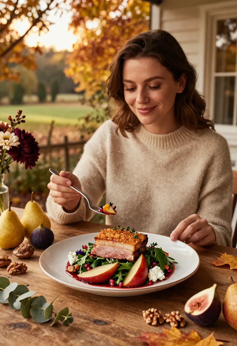 Woman enjoying slow-roasted pork belly and red wine poached pear salad at an elegant autumn table surrounded by seasonal countryside scenery.