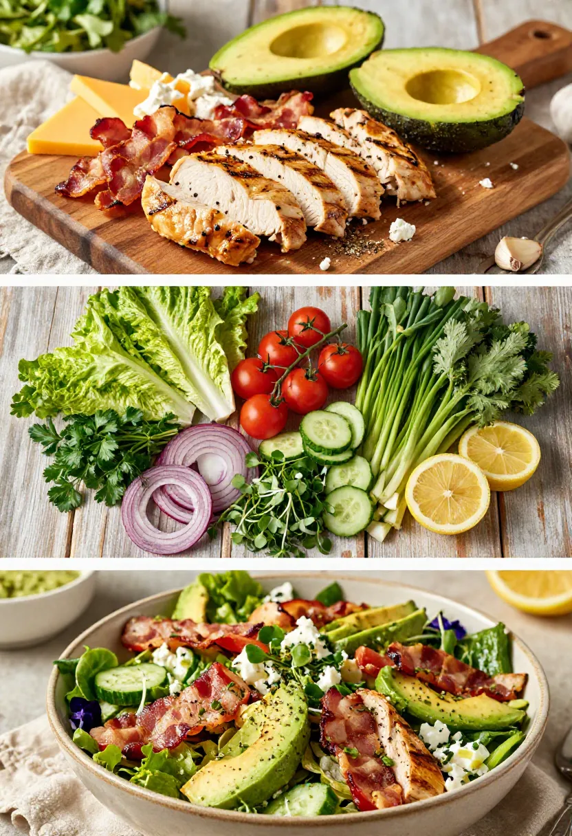 Vertical collage featuring fresh ingredients and colorful textures of chicken bacon avocado chopped salad with grilled chicken, crispy bacon, creamy avocado, and crisp vegetables.