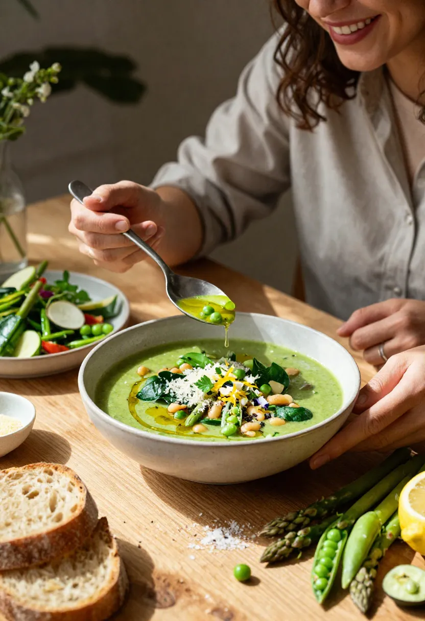 Person enjoying a beautifully plated Green Minestrone Soup at an elegant spring table filled with fresh seasonal dishes.