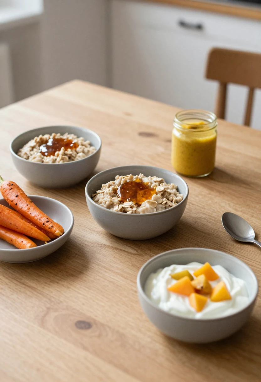 Everyday dishes made with maple syrup including oatmeal, roasted carrots, yogurt, and dressing.