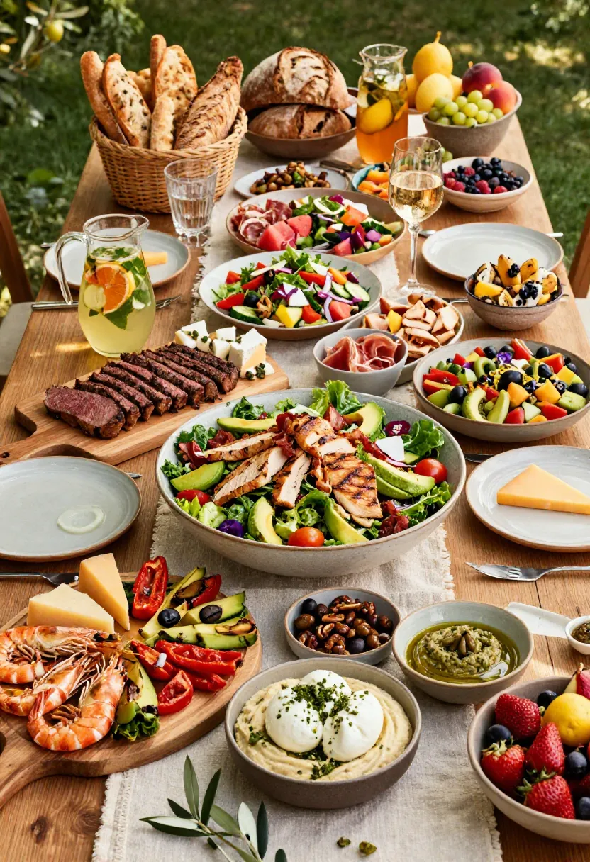 Table outdoors set with a shared feast: bread basket, cheeses, grilled meats, salads, fruits, dips, and drinks.