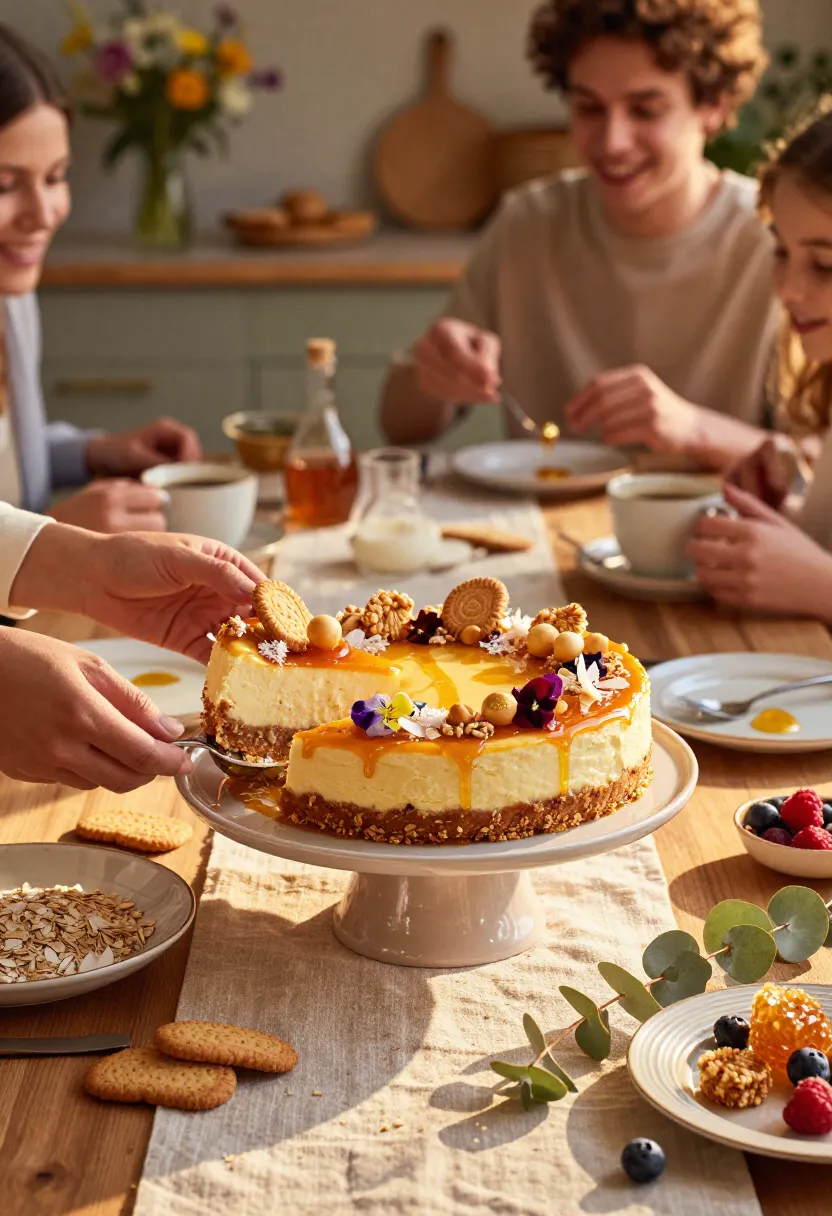 Cheesecake with caramel drizzle and nut crust on a cake stand, being sliced at a gathering with friends nearby.