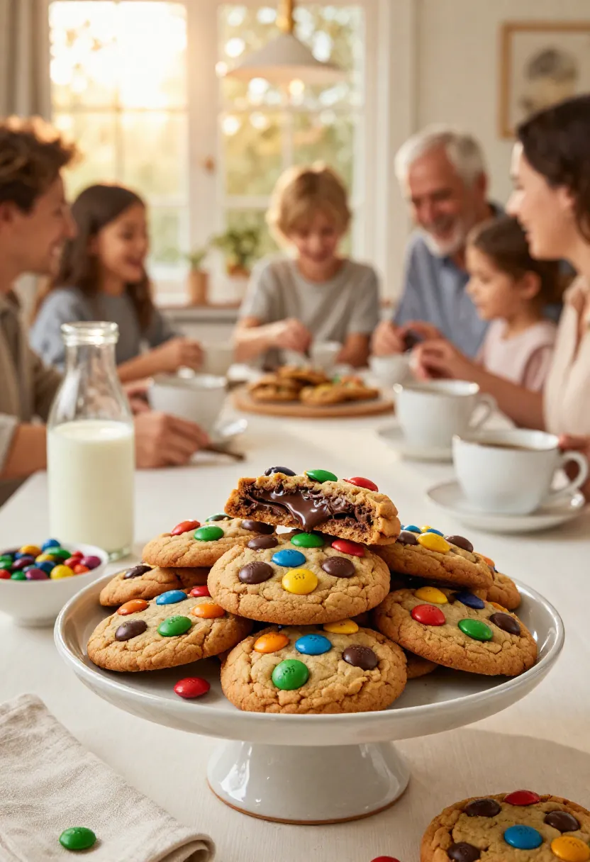 Chocolate M&M Cookies beautifully stacked on a ceramic serving platter during a cozy family gathering with coffee and milk.