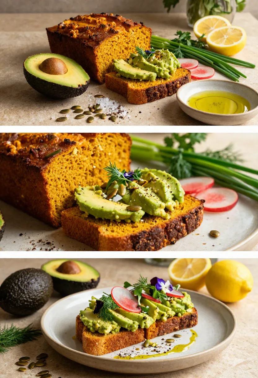 Vertical collage showing fresh ingredients, rustic avocado smash textures, and a beautifully plated café-style avocado toast on pumpkin loaf.