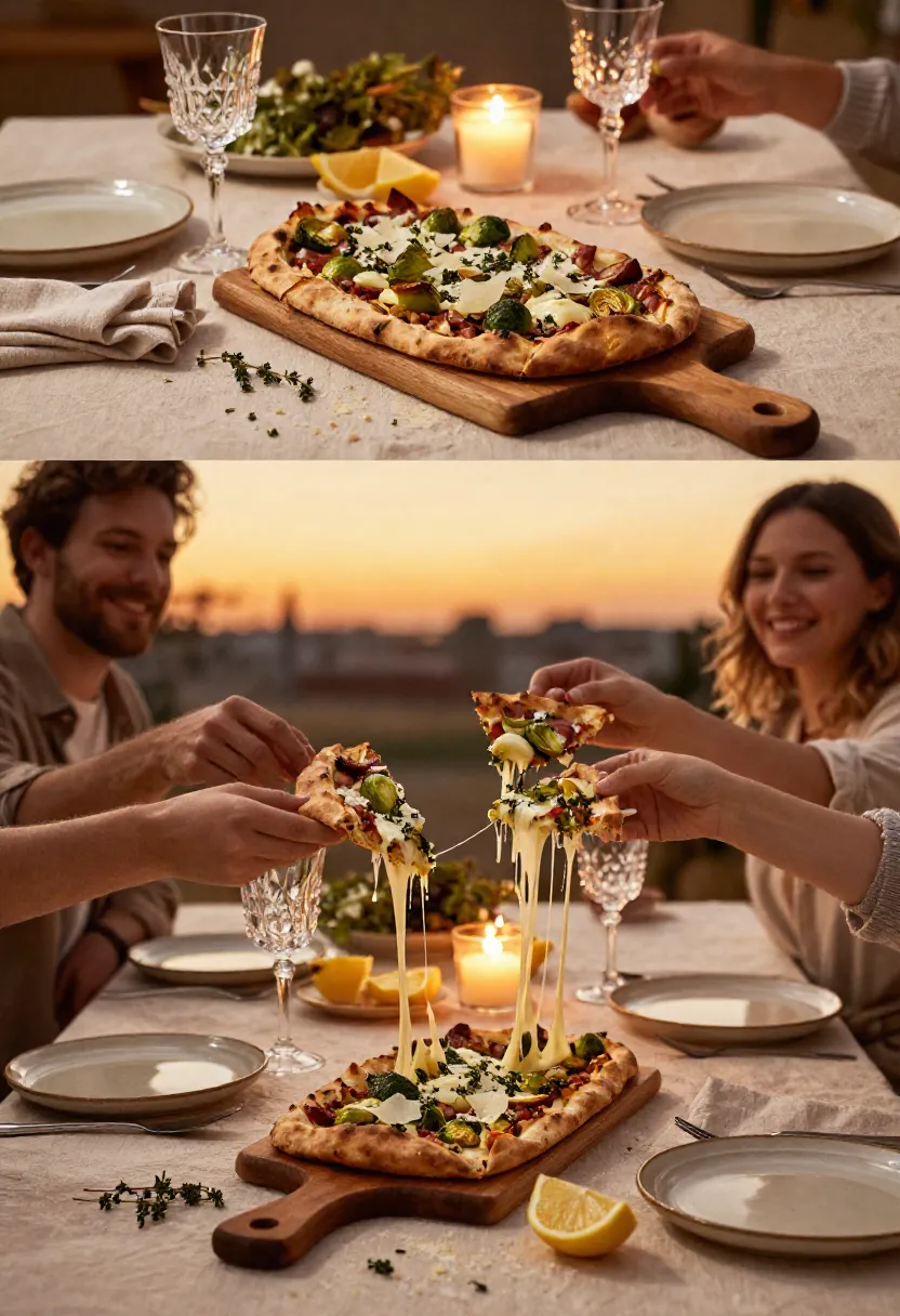 Vertical collage showing a cozy family-style dinner with Brussels sprouts flatbread shared around a warmly lit table.