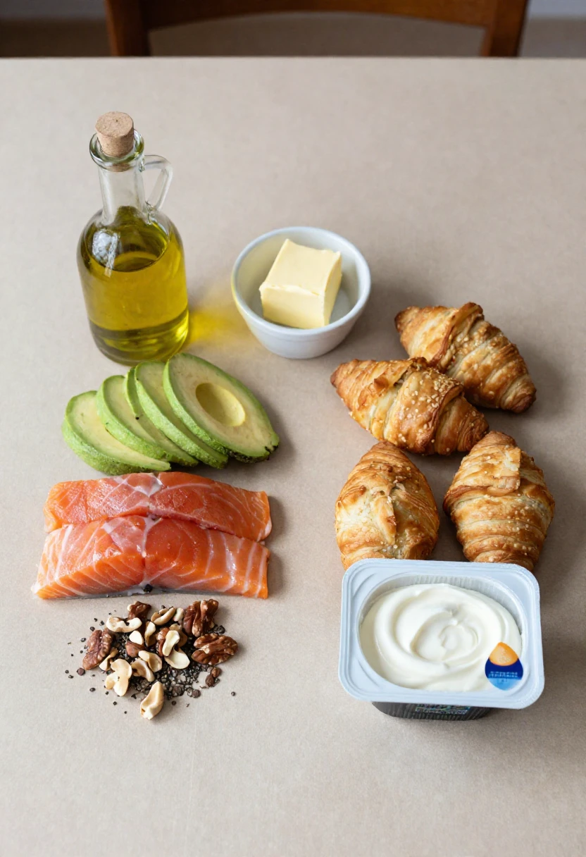 Good fats and less healthy fats shown side by side with olive oil, avocado, salmon, butter, fried snacks, and pastries.