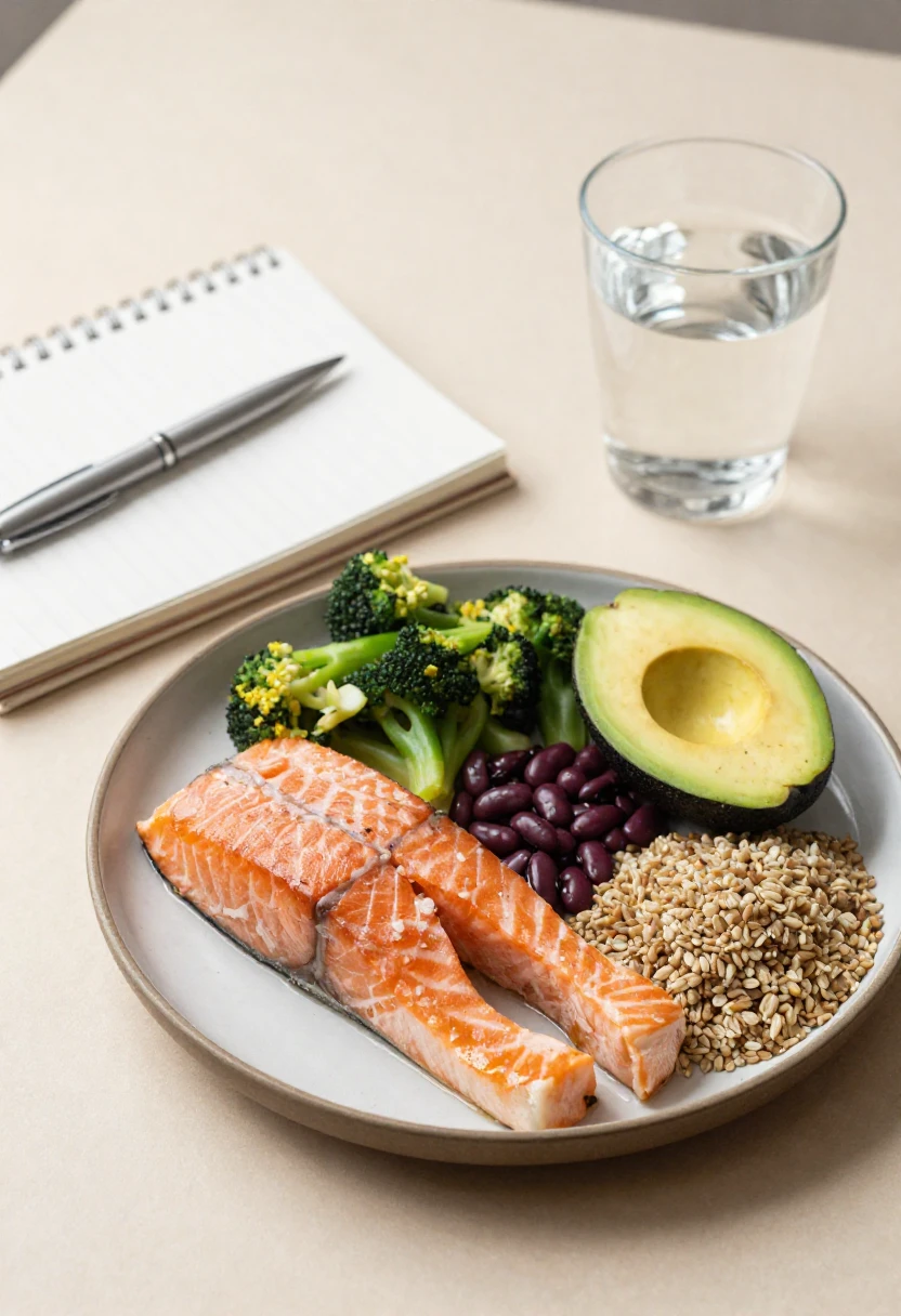 Balanced plate with salmon, vegetables, beans, avocado, and grains beside a notebook for nutrition planning.