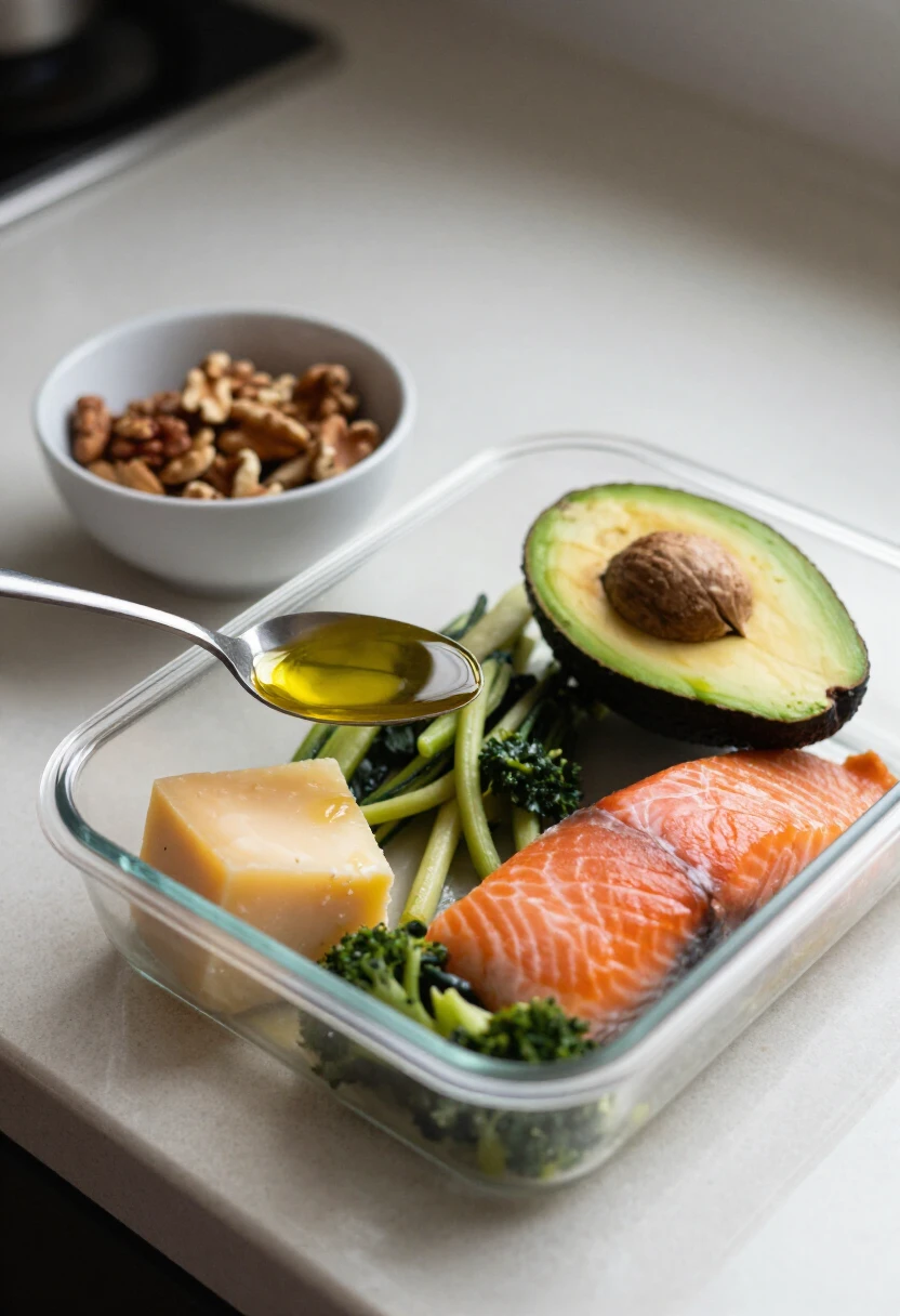 Portioned healthy fats with olive oil, nuts, avocado, cheese, salmon, and vegetables.