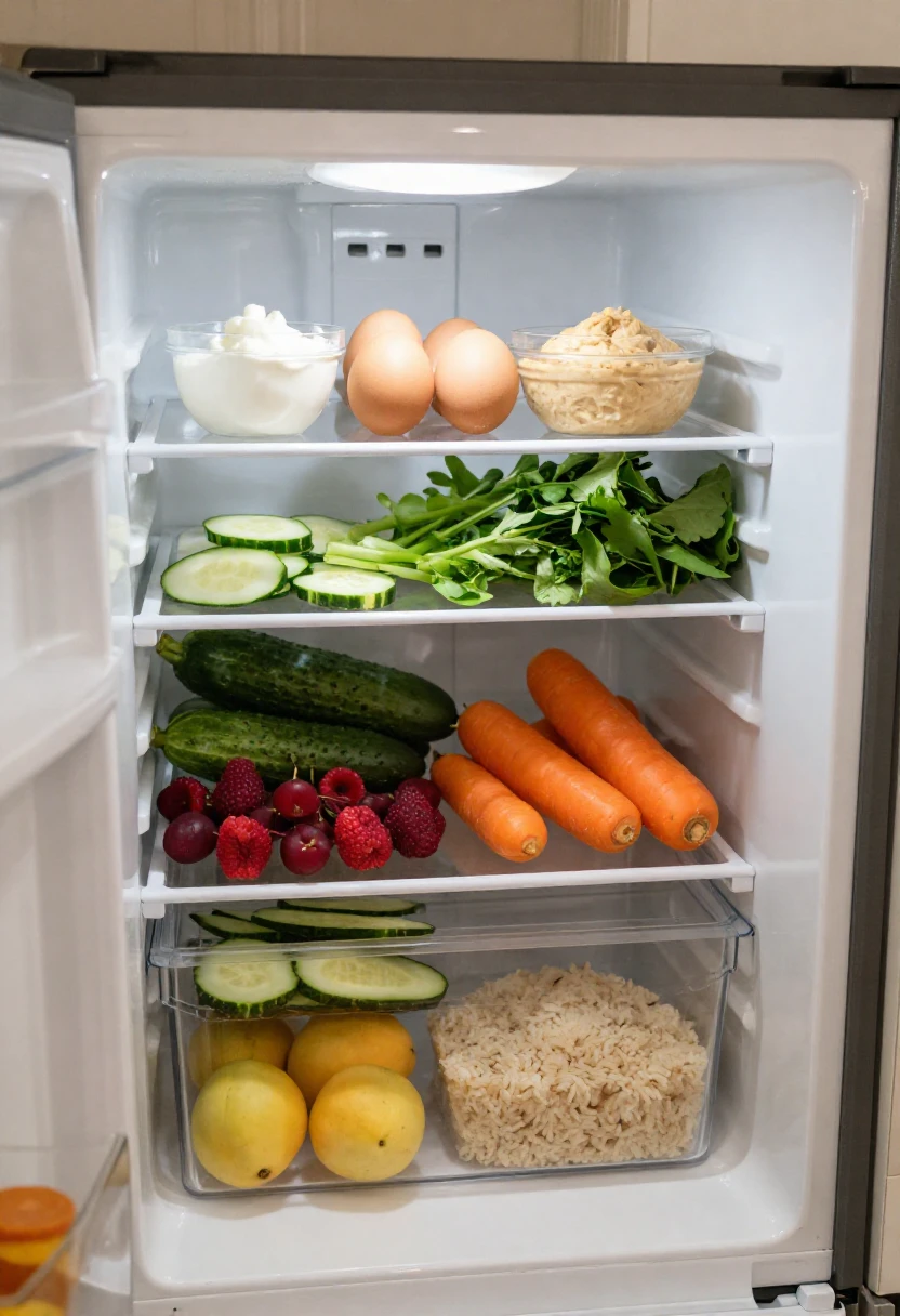 A fridge stocked with easy healthy foods for quick meals and snacks.
