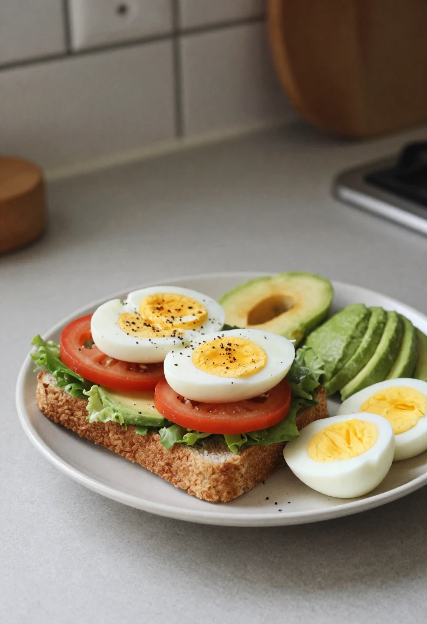 A simple everyday sandwich made healthier with vegetables, egg, avocado, and fruit.
