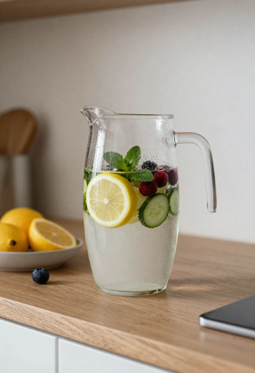 Glass pitcher of lemon-cucumber-berry infused water with mint on a kitchen counter