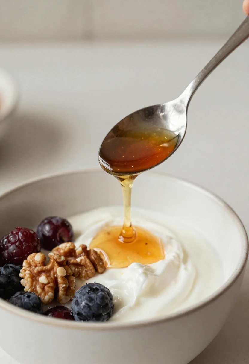 Honey drips from a spoon onto yogurt crowned with blueberries, raspberries, and walnuts in a white bowl.