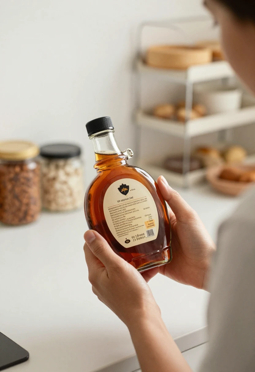 Person checking the label on a bottle of pure maple syrup in the kitchen.