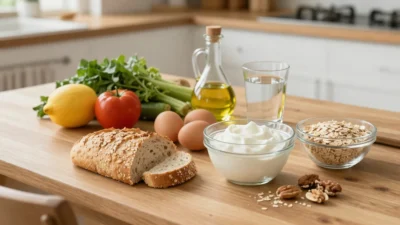 Simple healthy foods on a kitchen table for everyday balanced eating.