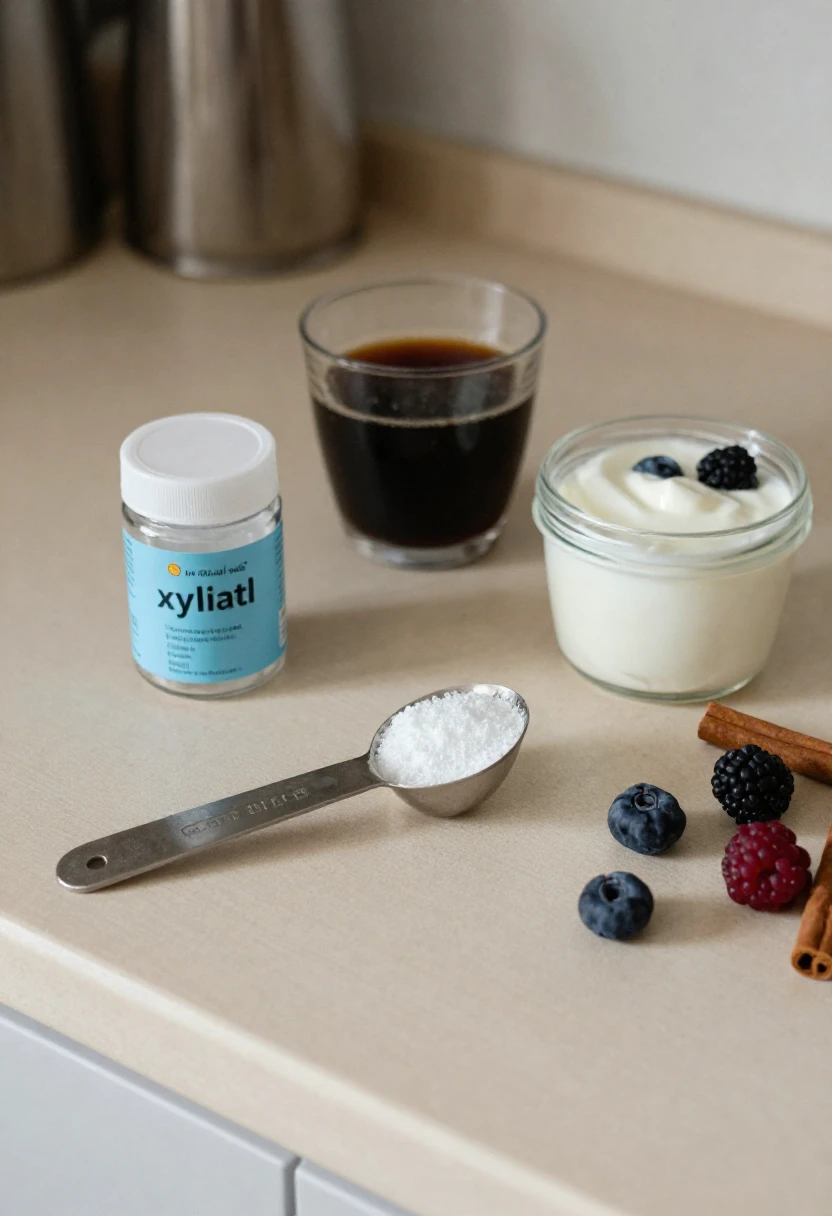 Measured xylitol with coffee, yogurt, berries, and cinnamon for safe kitchen use.