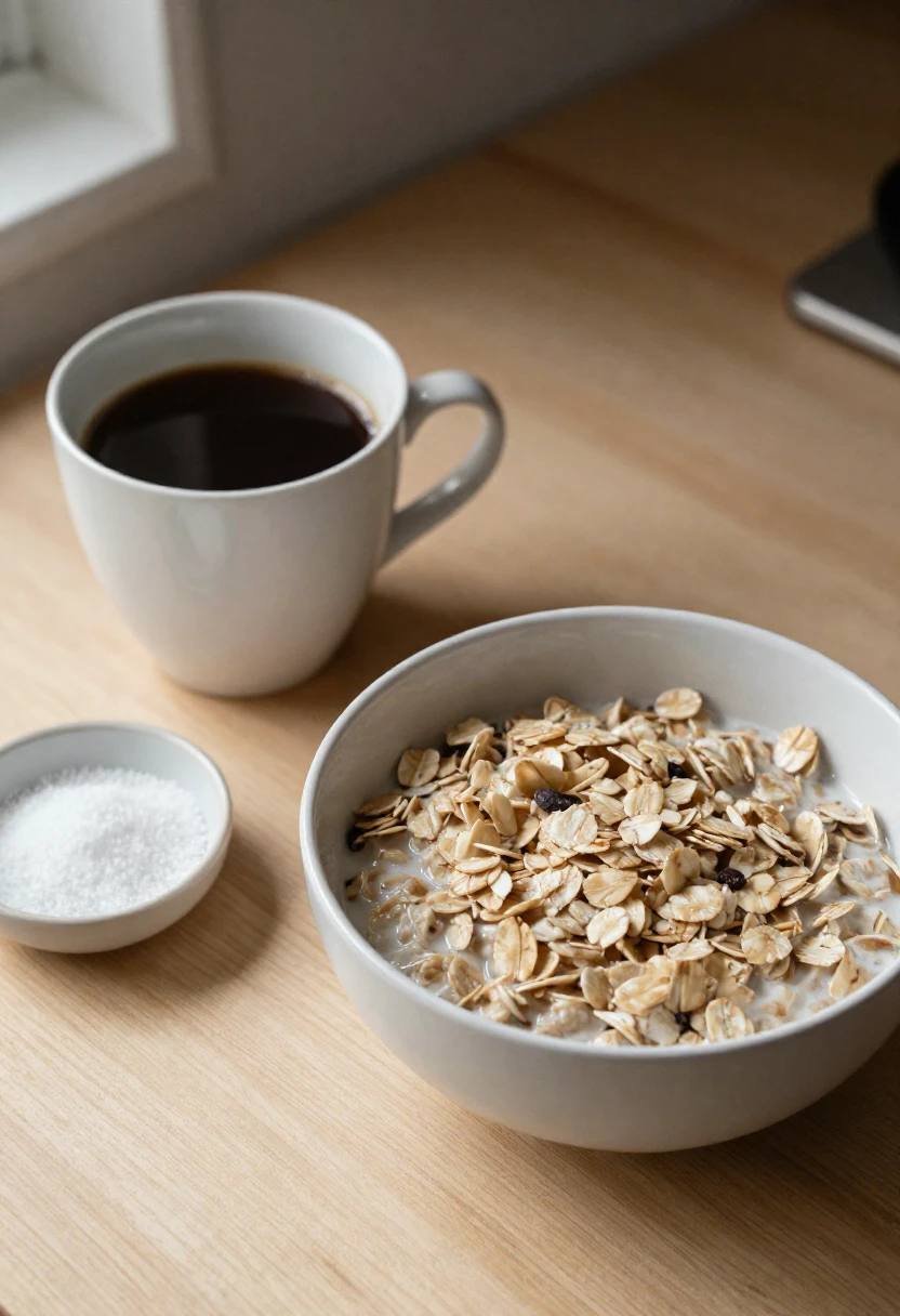 Coffee, oatmeal, and xylitol crystals arranged for a simple low-sugar breakfast.