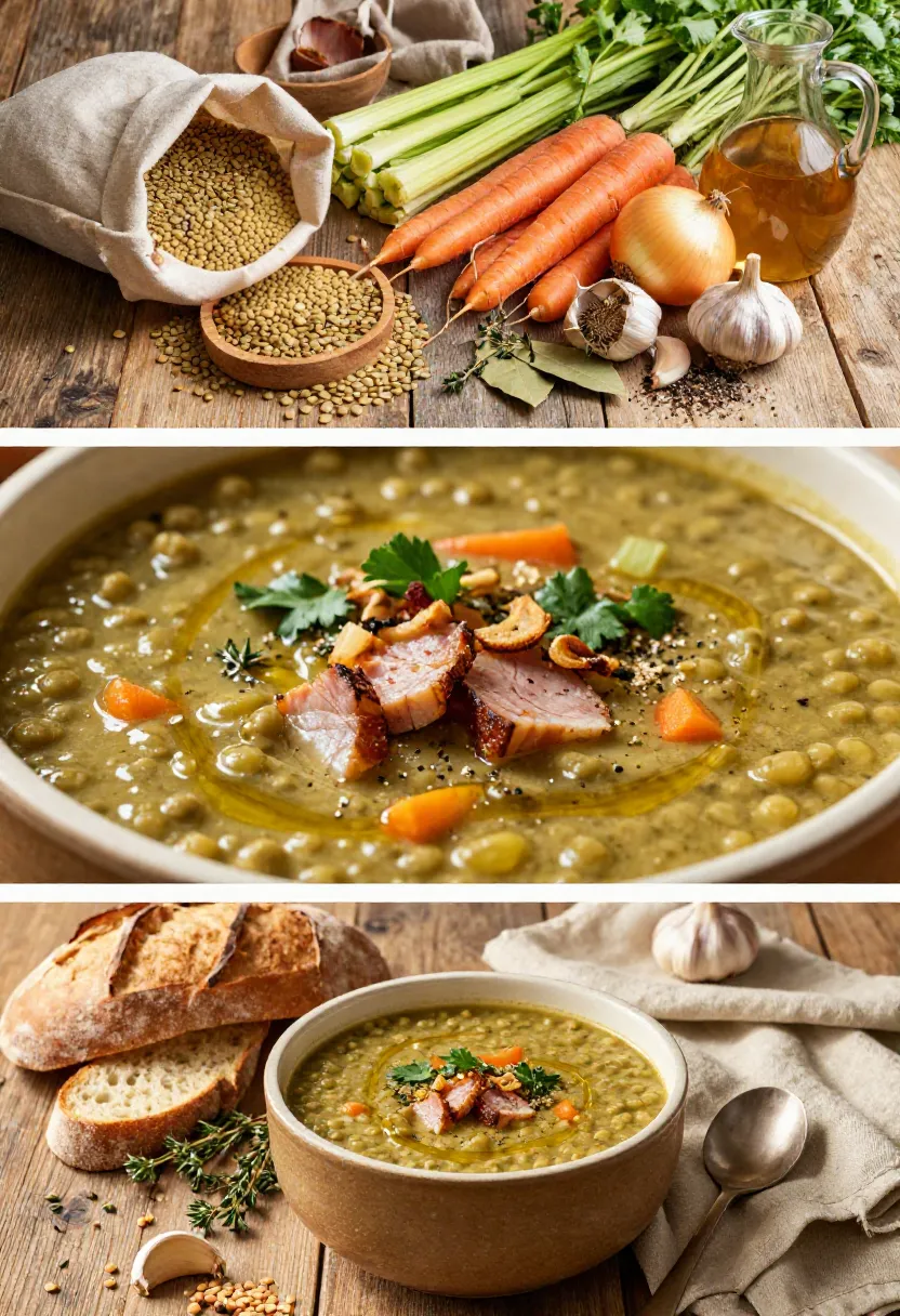 Triptych: fresh lentils and vegetables on a wooden table, a hearty lentil soup with carrots and pork, and a bowl of soup with crusty bread.
