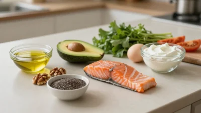 Healthy fats spread with olive oil, avocado, nuts, salmon, eggs, yogurt, and vegetables on a kitchen table.