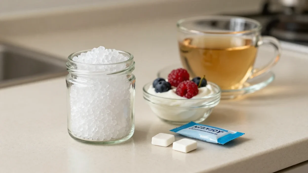 Xylitol crystals with tea, yogurt, berries, and sugar-free gum on a bright kitchen counter.