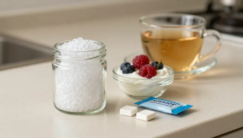 Xylitol crystals with tea, yogurt, berries, and sugar-free gum on a bright kitchen counter.