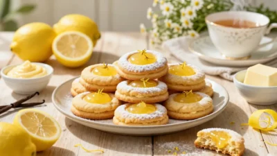 A plate of buttery lemon thumbprint cookies filled with glossy lemon curd, surrounded by fresh lemons and spring baking ingredients on a rustic table.