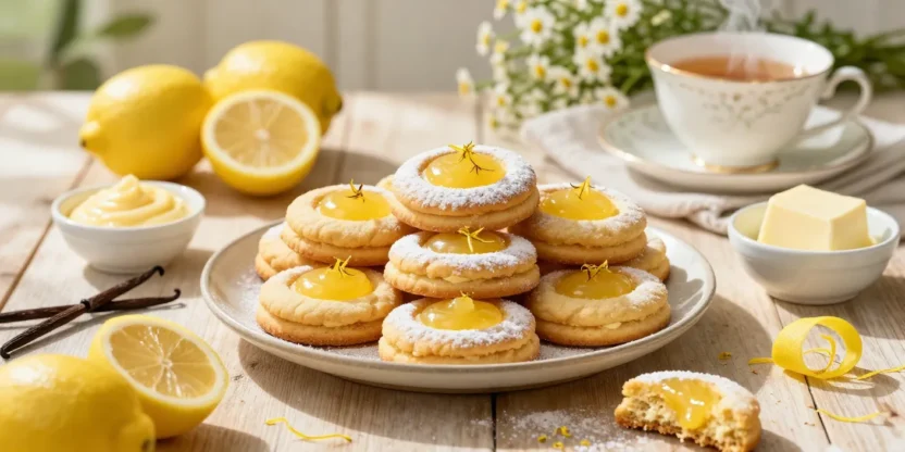 A plate of buttery lemon thumbprint cookies filled with glossy lemon curd, surrounded by fresh lemons and spring baking ingredients on a rustic table.
