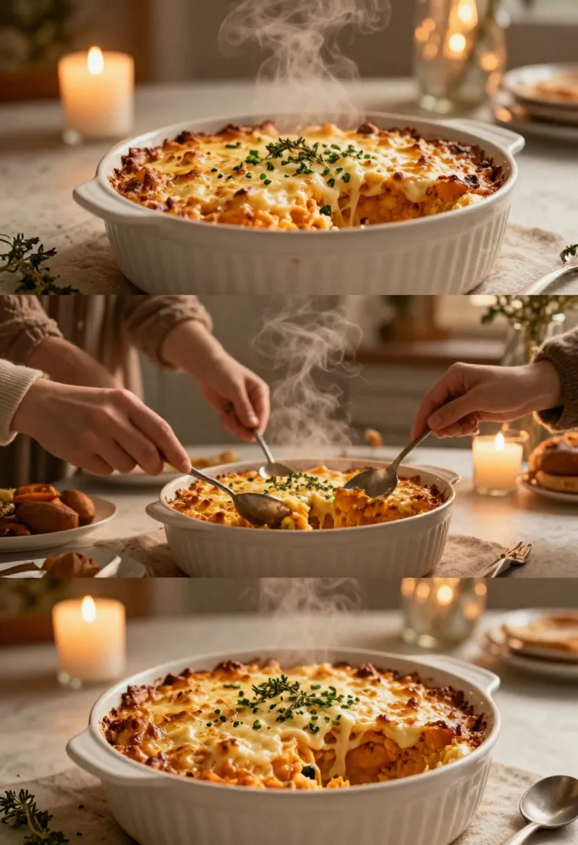 Vertical collage showing a cozy evening centered around a freshly baked savory sweet potato casserole with a golden cheese topping.