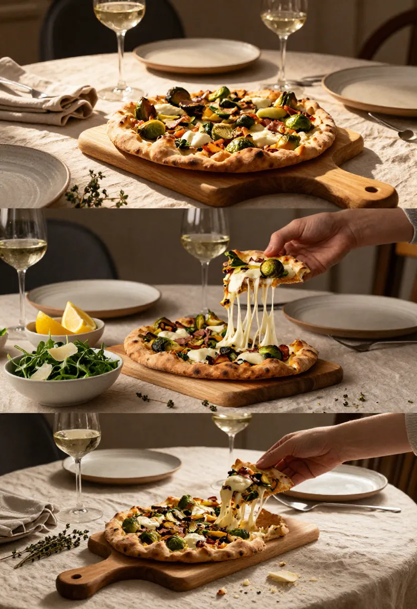 Vertical collage showing fresh ingredients, flatbread assembly, and the finished Brussels sprouts and bacon flatbread.