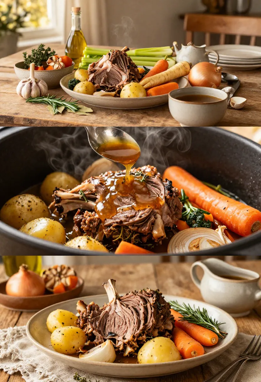 Triptych of a lamb roast with potatoes, carrots and onions on a rustic table, followed by gravy being poured over the meat, then a plated roast with potatoes, carrots and rosemary.