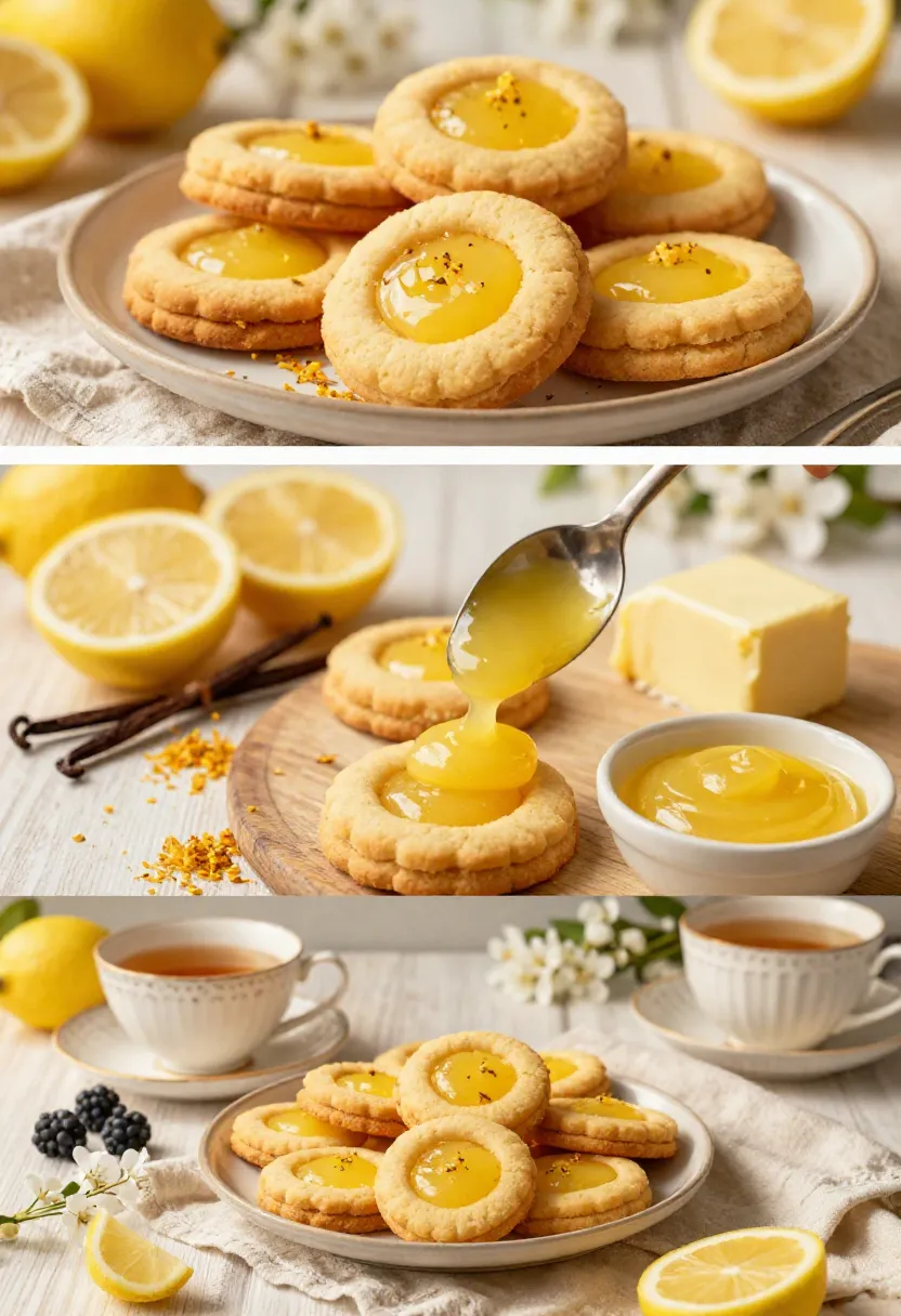 Vertical collage featuring buttery lemon thumbprint cookies, glossy lemon curd filling, and an elegant spring dessert table with afternoon tea.