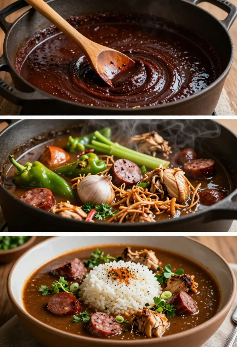 Three-step collage showing the roux, simmering gumbo, and the finished chicken and sausage gumbo served over rice.