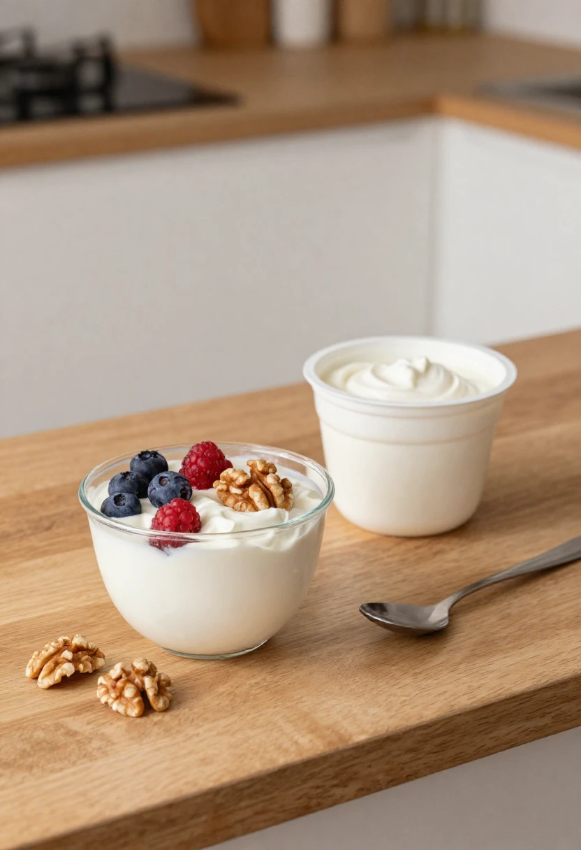 Yogurt with blueberries, raspberries, and walnuts in a glass bowl on a wooden counter, with a second cup of yogurt nearby.
