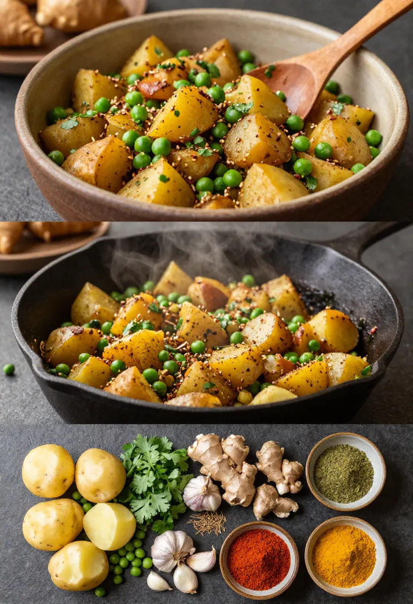 Skillet of golden roasted potatoes and green peas, sprinkled with sesame seeds and herbs.