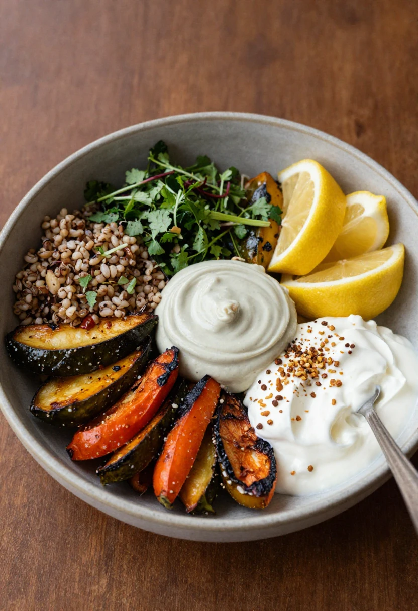A flavorful healthy bowl with roasted vegetables, herbs, lemon, and sauce.