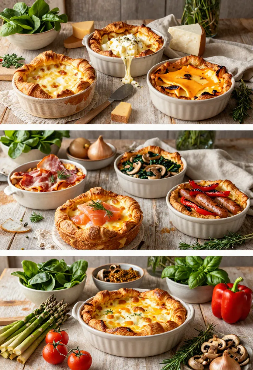 Vertical collage showing customizable ham and cheese croissant breakfast bakes with different cheeses, proteins, vegetables, and fresh herbs.
