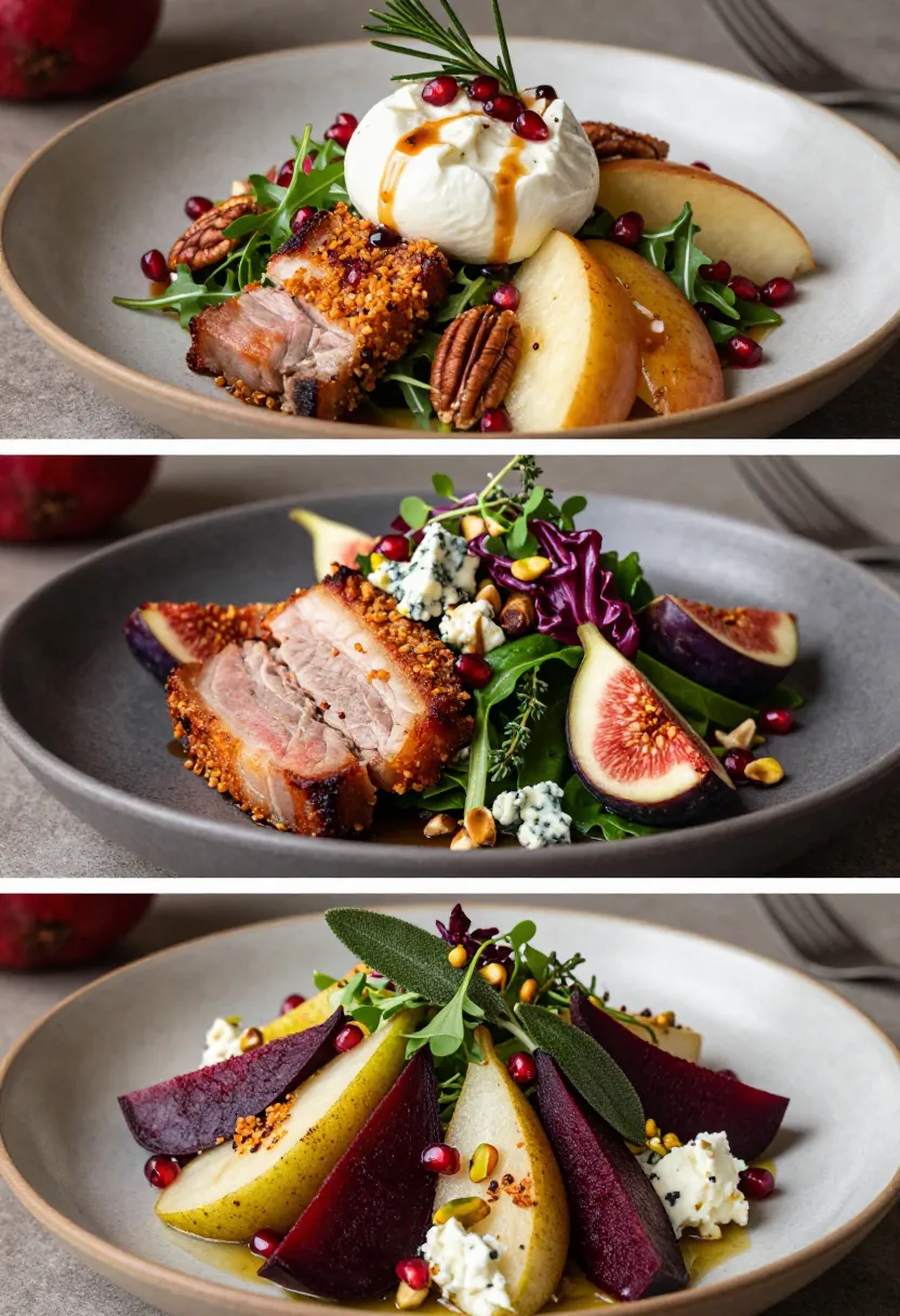 Beautifully plated slow-roasted pork belly and red wine poached pear salad served as the centerpiece of an elegant autumn dining experience with seasonal flavors and restaurant-quality presentation.