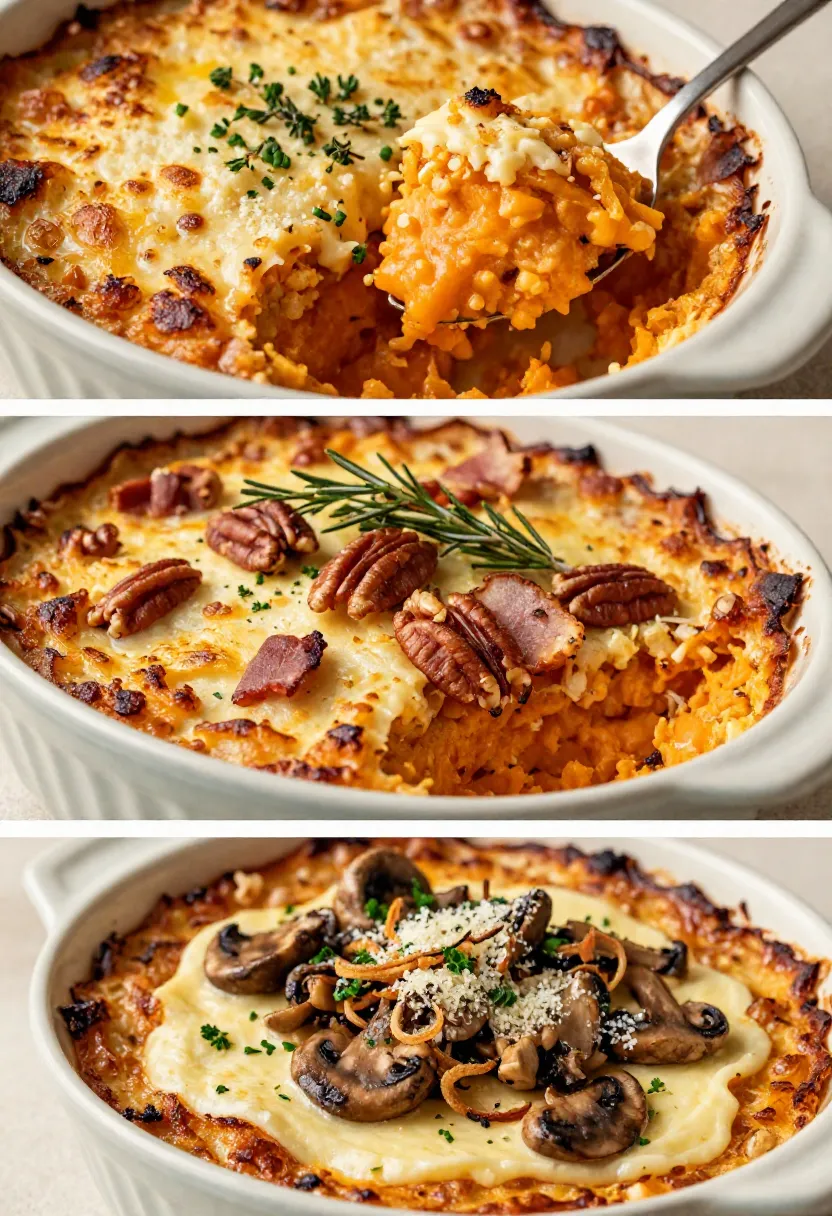 Vertical collage featuring three savory sweet potato casserole variations with classic cheese, crispy bacon and pecans, and mushroom toppings.