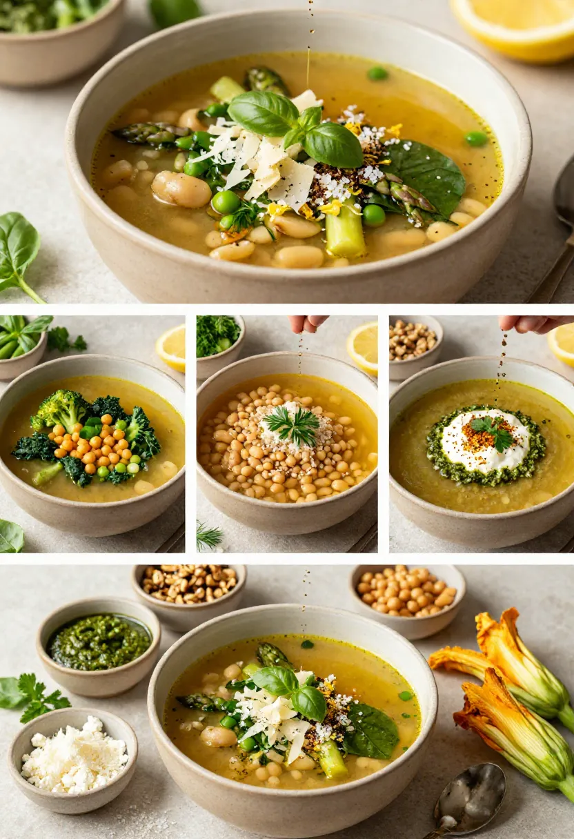 Vertical collage showing classic Green Minestrone Soup alongside creative variations with different vegetables, beans, grains, herbs, and garnishes.