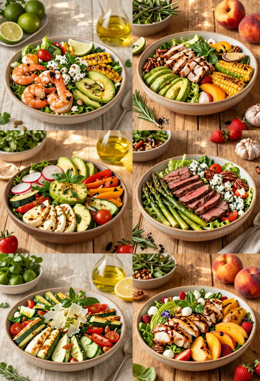 Vertical collage showing four creative variations of chicken bacon avocado salad with shrimp, steak, grilled halloumi, and fresh summer fruit.