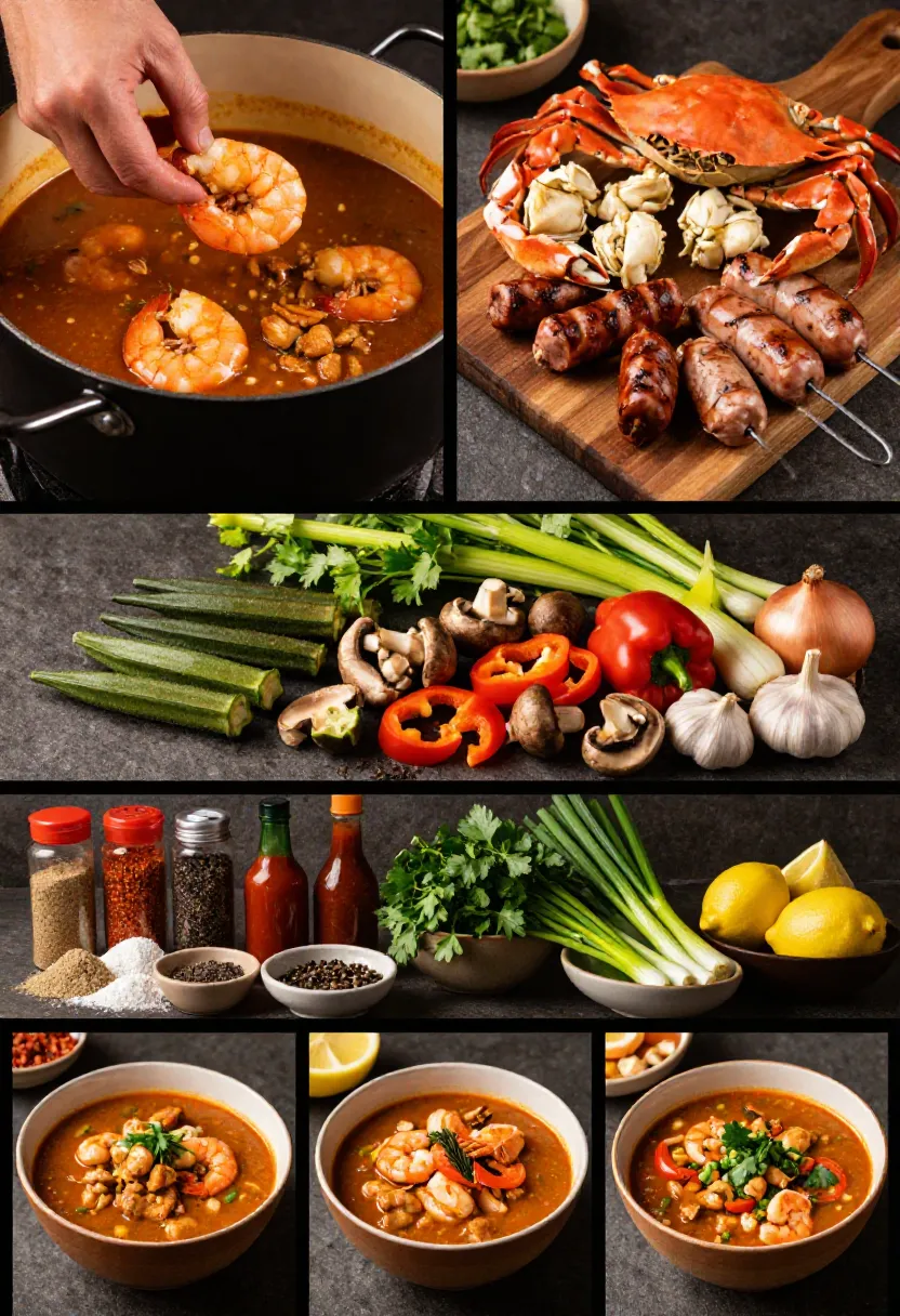 Five-frame collage showing different ways to customize gumbo with seafood, vegetables, spices, and finishing garnishes.